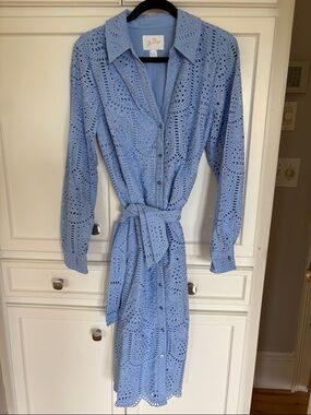 LILLY PULITZER Blue Eyelet Long-Sleeve Shirt Dress Size 12